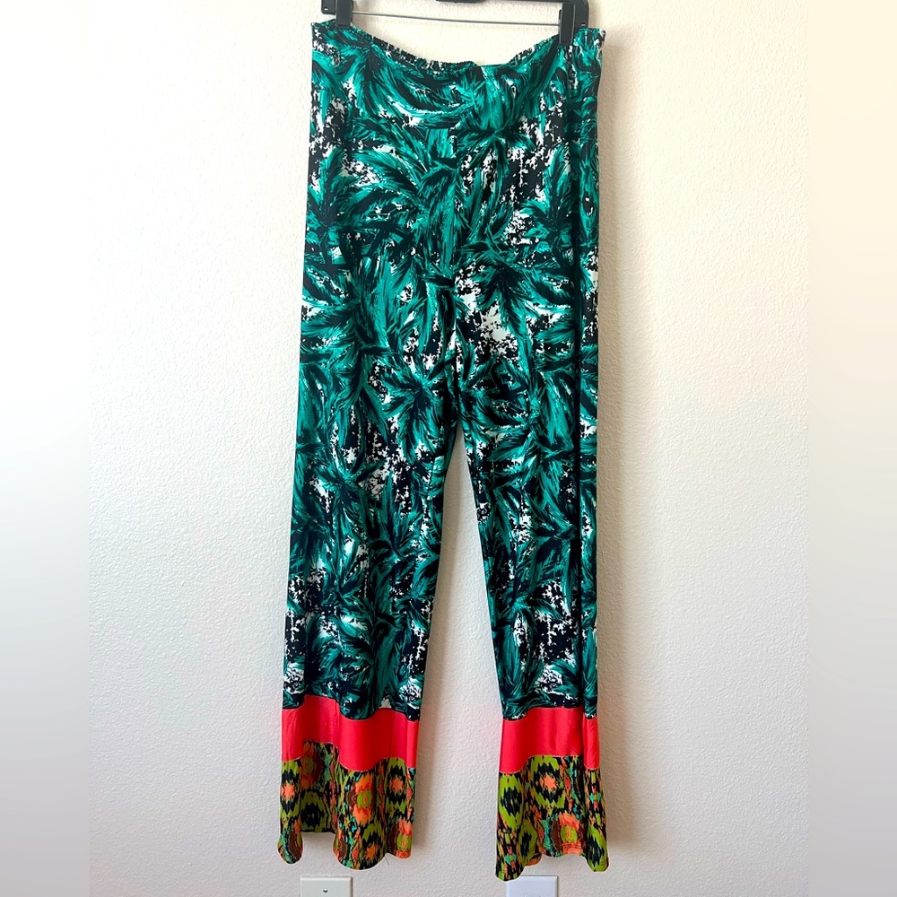 Cato Women’s Tropical Slinky High Waisted Elastic Wide Leg Palazzo Lounge Pants